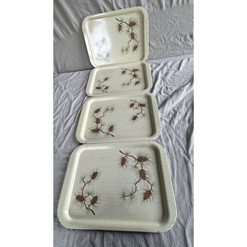Pine Cones and Branches Metal Trays Beige Lot of 4 14 3/4 by 10 3/4 Inches